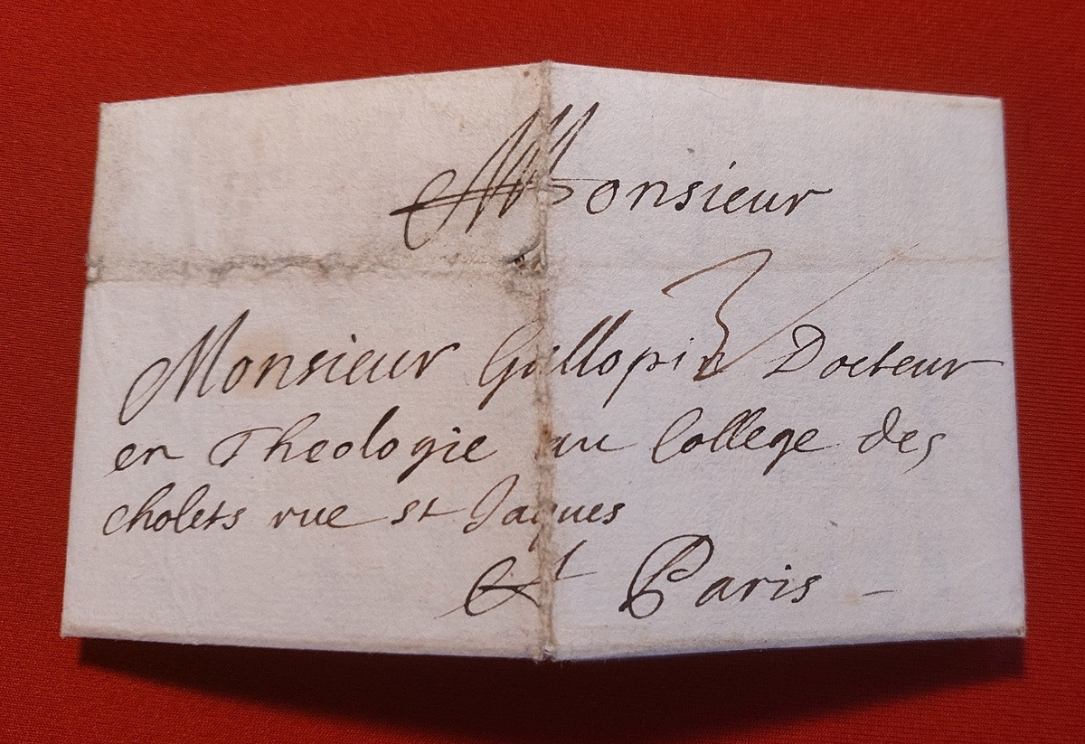 1694 07 29 s Lettre pour Gallopin docteur en théologie collège des cholets à Paris Bi-foglio ripiegato in 8 Foglio 1 Recto indirizzo