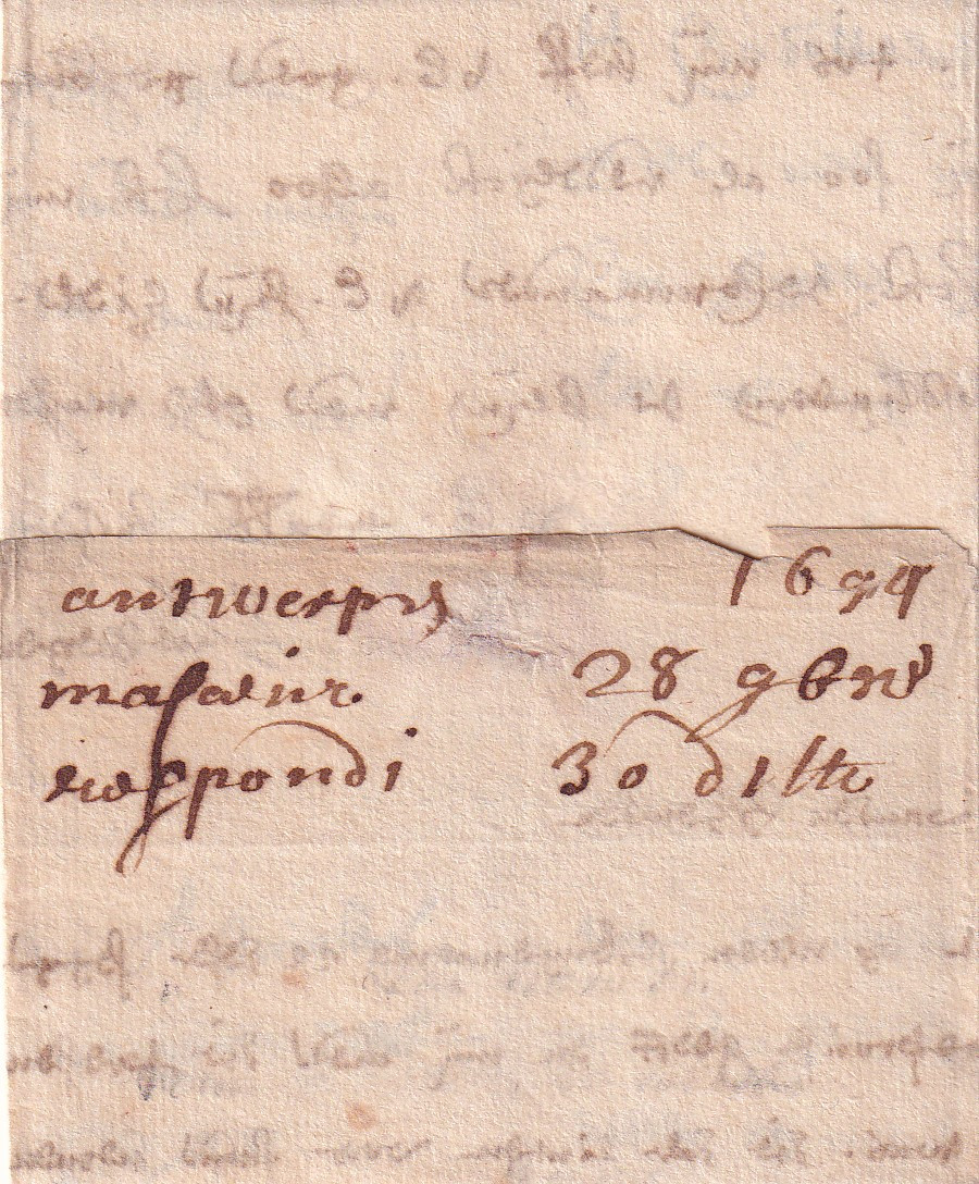 1694 11 28 da Antwerpen a Gent Foglio 1 Recto ripiegato in 9 chiusura e date