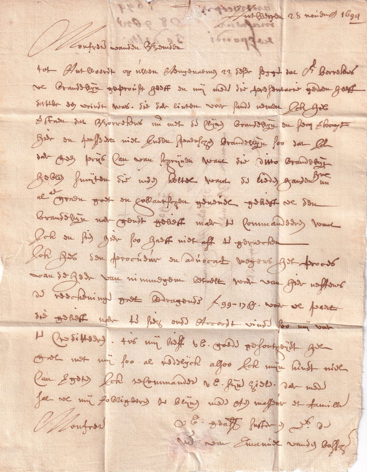 1694 11 28 1 s da Antwerpen a Gent Foglio 1 Verso Testo lettera