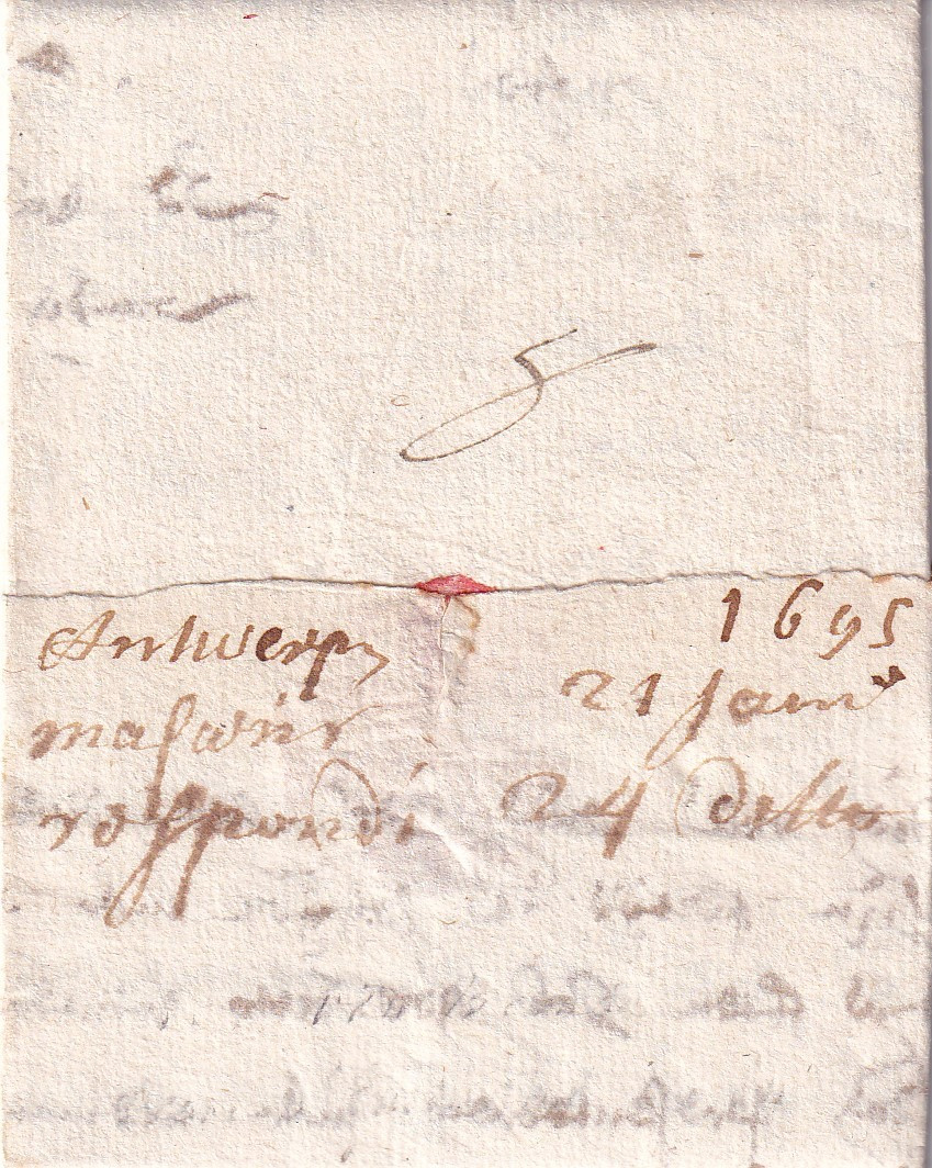 1695 01 21 da Antwerpen a Gent-tassata Bi-foglio ripiegato in 9 Recto chiusura tassa note e data