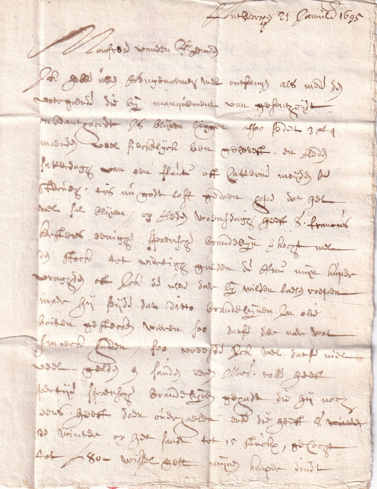 1695 01 21 1 s da Antwerpen a Gent-tassata Foglio 2 Recto