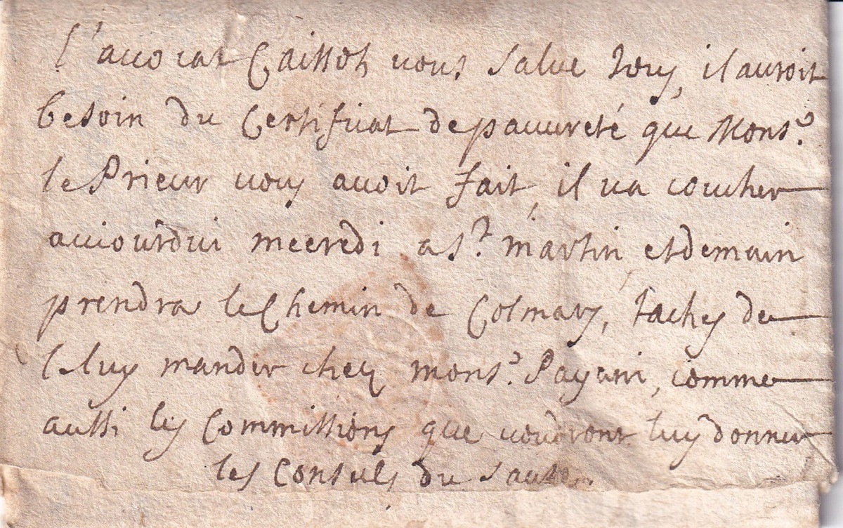 1695 11 09 s per A. MONNET A MR DU BAUNE BAUSSE Bi-foglio ripiegato in 9 Foglio 1 Recto forse risposta su lato ripiegato