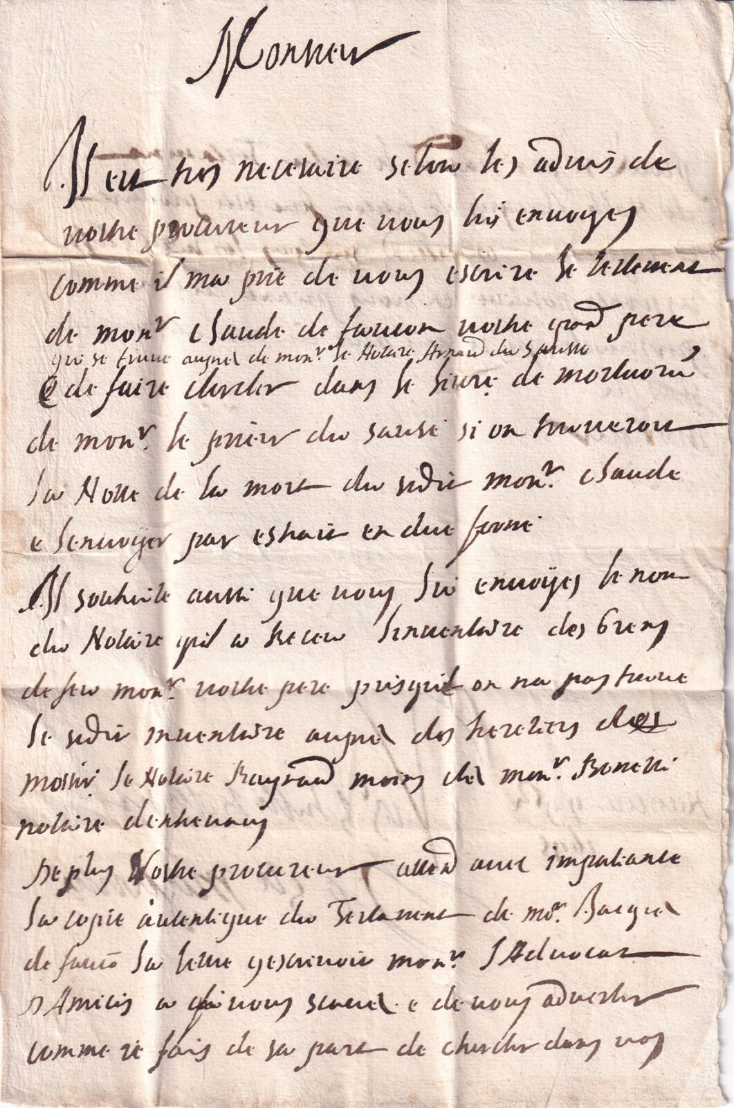 1695 11 09 1 s per A. MONNET A MR DU BAUNE BAUSSE Bi-foglio ripiegato in 9 Foglio 2 Recto testo lettera