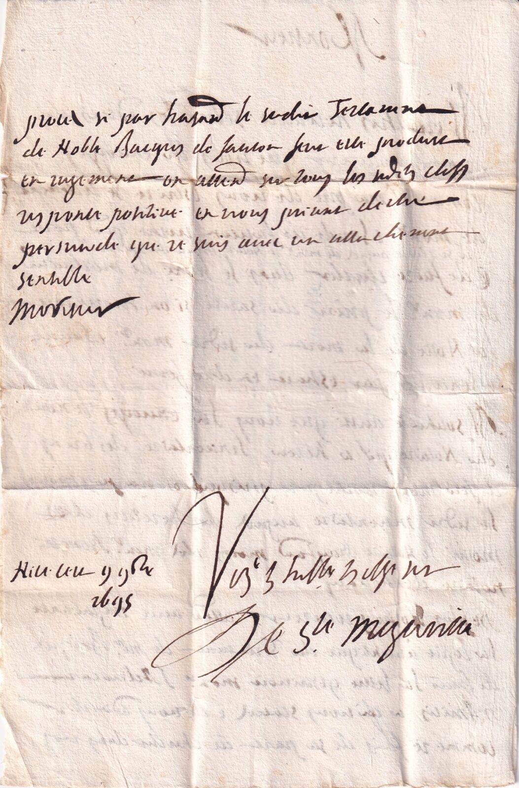 1695 11 09 2 s per A. MONNET A MR DU BAUNE BAUSSE Bi-foglio ripiegato in 9 Foglio 2 Verso testo lettera