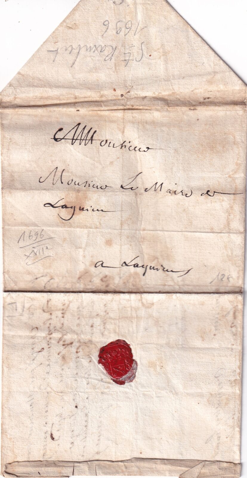 1696 10 02 5a s da SAINT RAMBERT EN BUGEY AIN a Languirus Recto fase ripiegature e sigillo ceralacca rossa