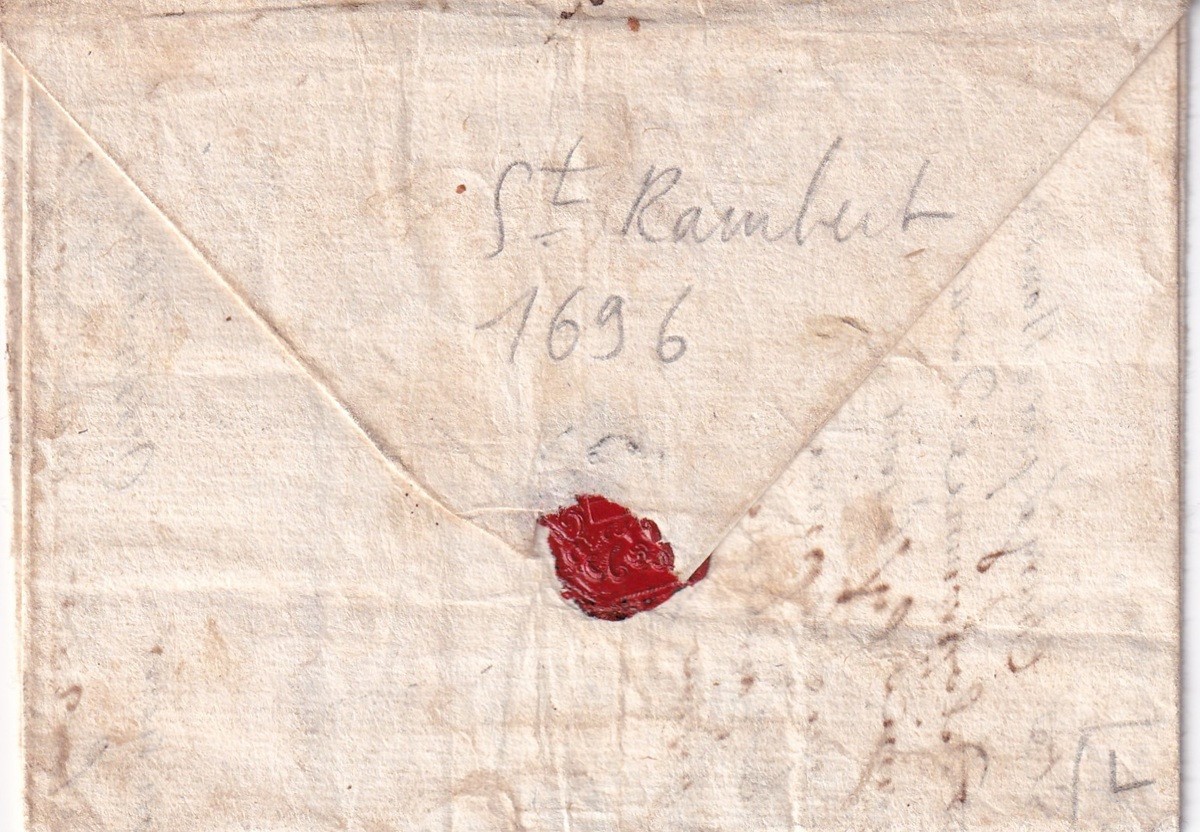 1696 10 02 7 s da SAINT RAMBERT EN BUGEY AIN a Languirus Recto chiuso a forma di busta sigillo ceralacca rossa
