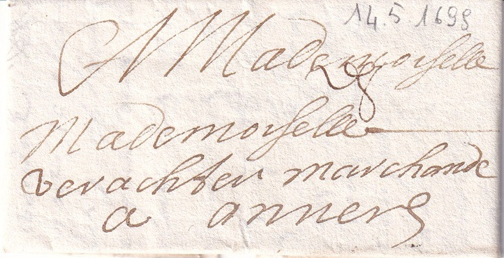 1699 05 14 s da LILLE ad ANVERS Bi-Foglio a pacchetto ripiegato in 9 Recto indirizzo