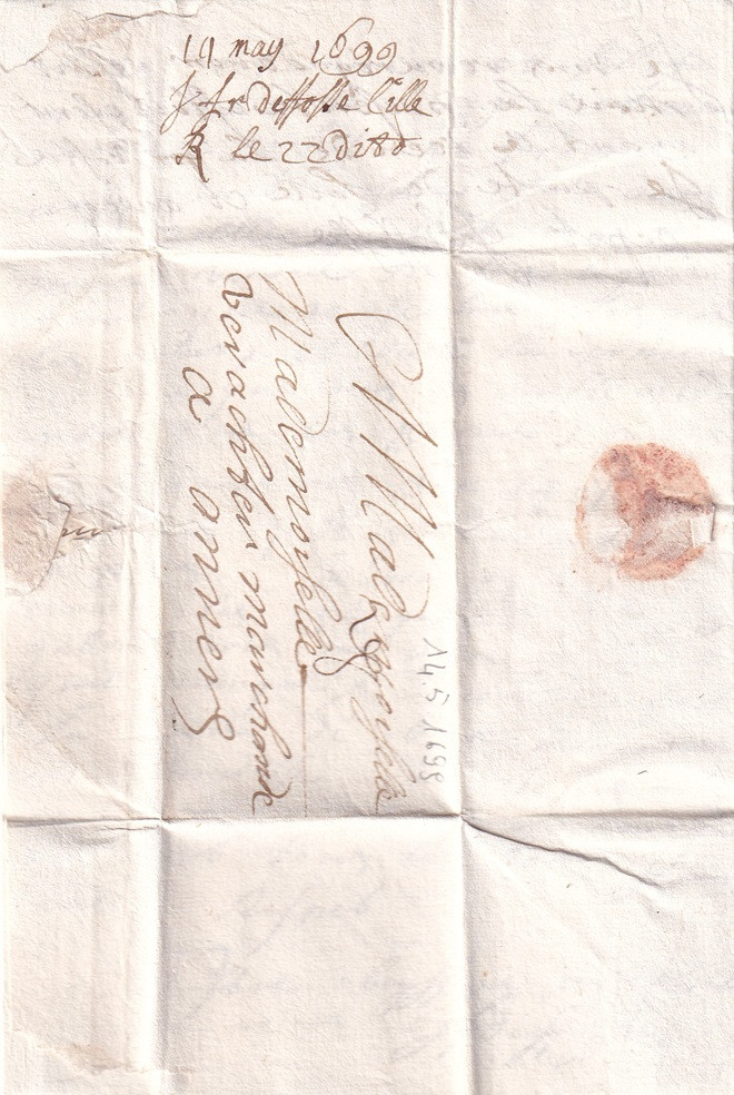1699 05 14_3 s da LILLE ad ANVERS Foglio 1 Recto e bollo a secco