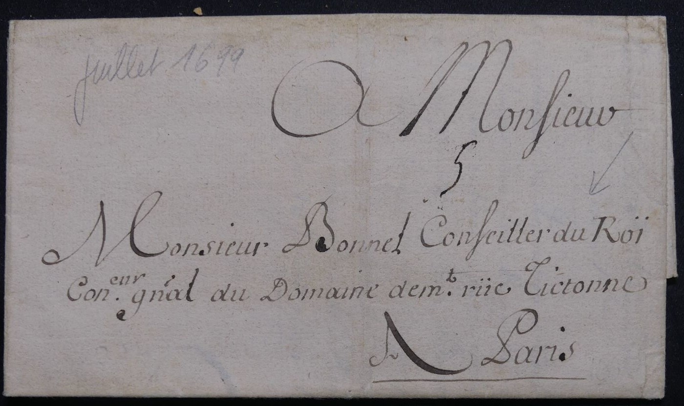 1699 07 13 s da le Cure de Rute FRANCE Lettre pour le Conseiller du Roi Paris Bi-foglio Ripiegato in 9 Recto destinatario