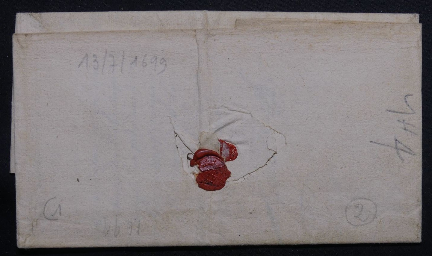1699 07 13 s da le Cure de Rute FRANCE Lettre pour le Conseiller du Roi Paris Bi-foglio Ripiegato in 9 Recto Sigillo ceralacca rossa