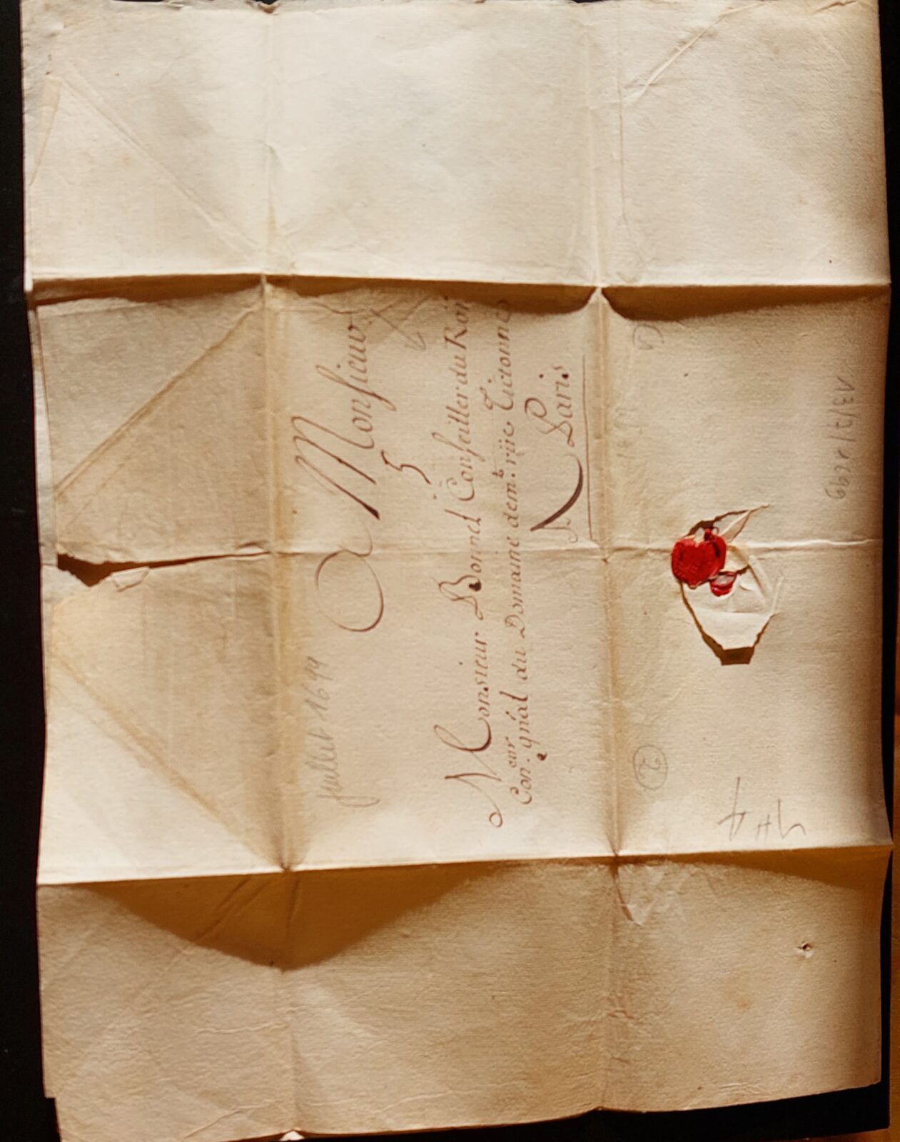 1699 07 13 1 s da le Cure de Rute FRANCE Lettre pour le Conseiller du Roi Paris Recto destinatario e ceralacca