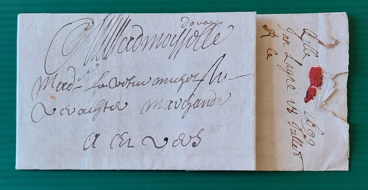 1699 07 18 s da DOUAY Fr ad Anversa Foglio 1 a pacchetto ripiegato in 12 Recto Destinatario mittente sigillo ceralacca rossa