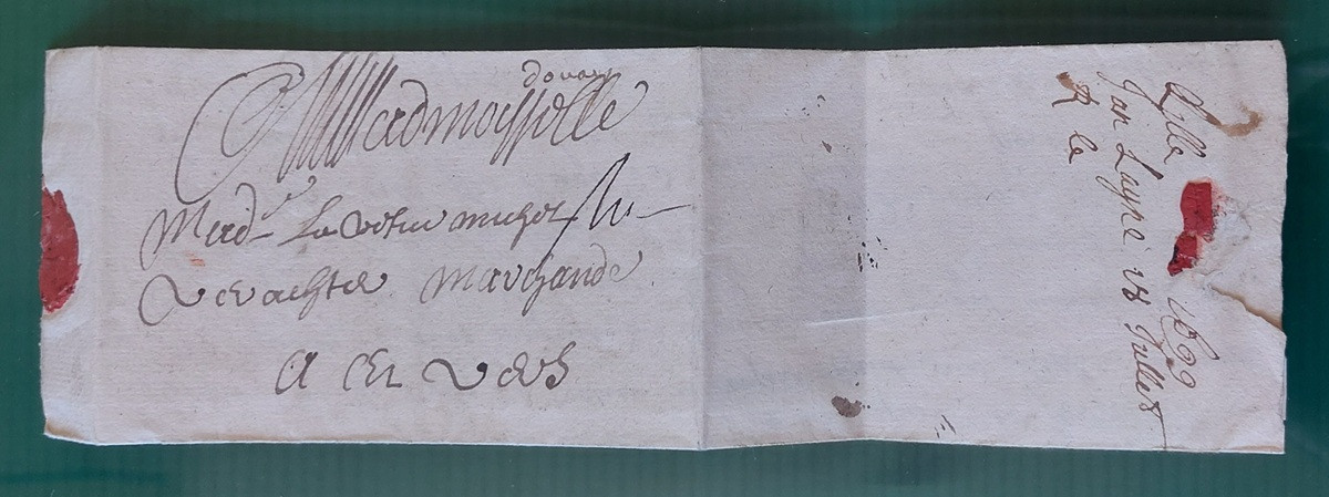 1699 07 18 s da DOUAY Fr ad Anversa Foglio 1 Recto ripiegato destinatario mittente data ceralacca