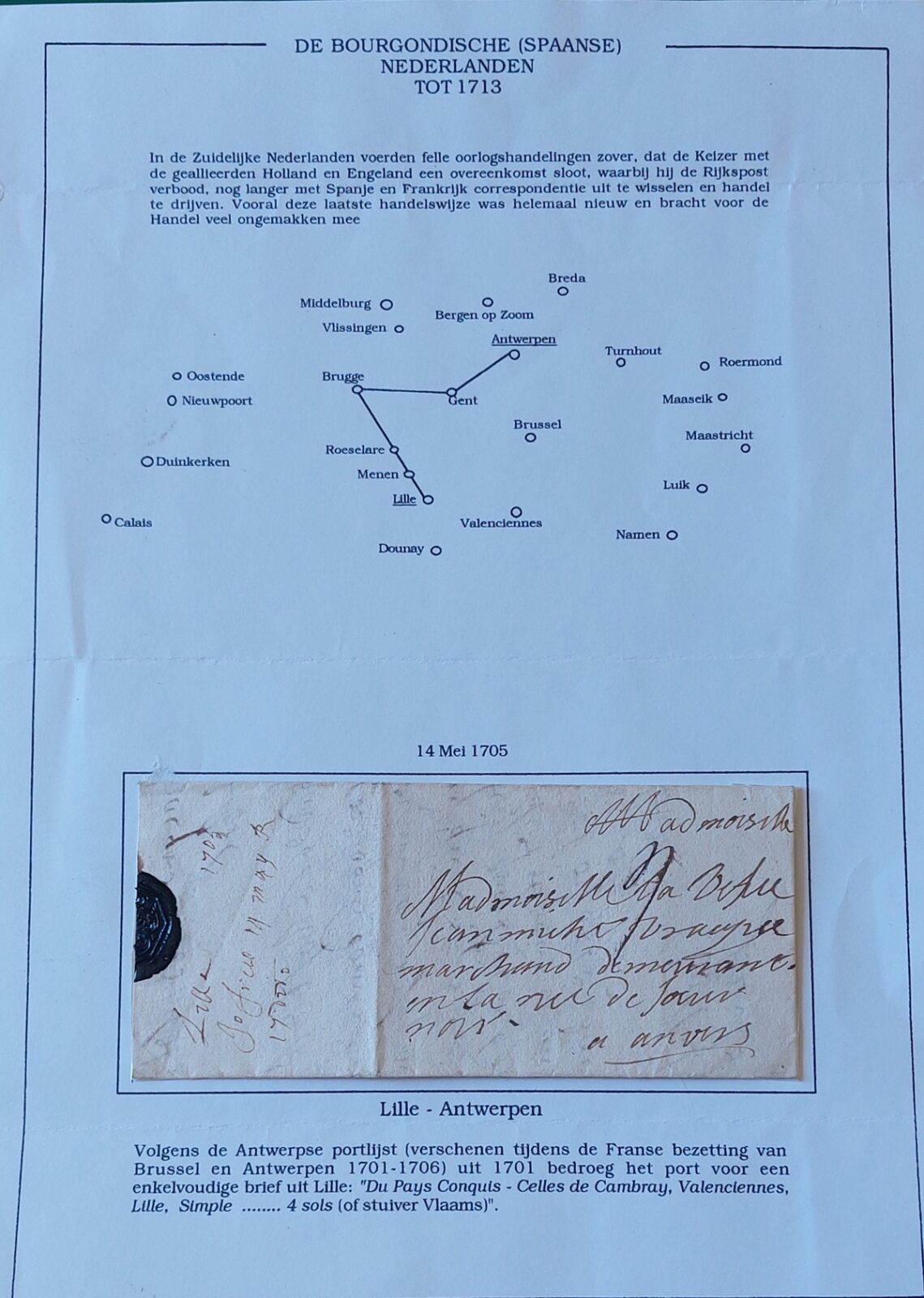 1705 05 14 s da Lille ad ANVERSA Foglio 1 Recto Mappa percorso descrizione