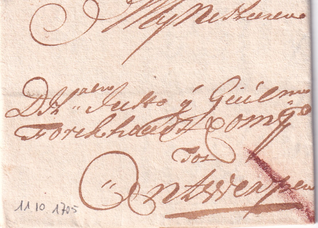 1705 10 11 da BRUXELLES a ANVERS Piego in 9 Foglio 1 Recto indirizzo tassato matita rossa