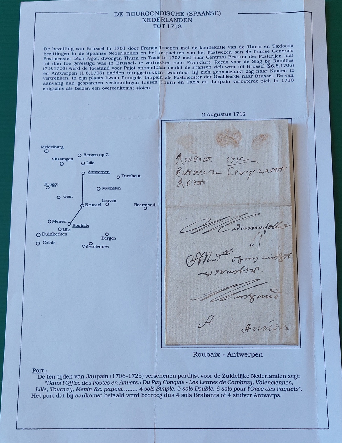 1712 08 02 s lettera da Roubaix ad Anversa Piego Foglio 1 ripiegato in 9 Verso su percorso di posta e commento