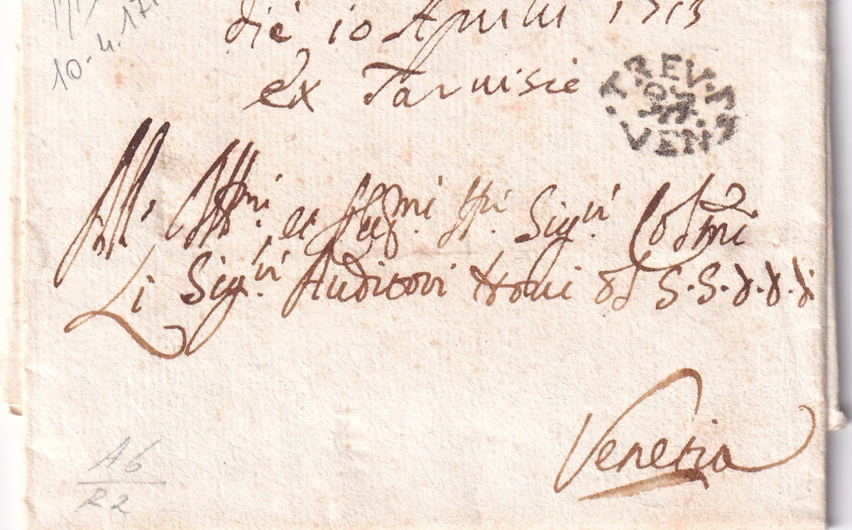 Foglio 1 Recto, destinatario e annullo