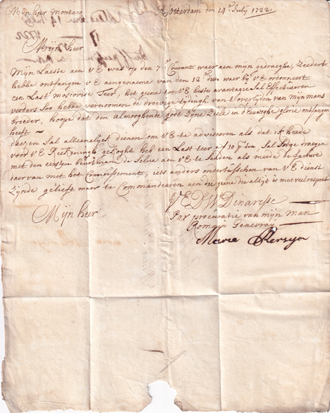 1722 07 14_1 s da ROTTERDAM a BRUGGE Foglio 1 Verso Testo lettera