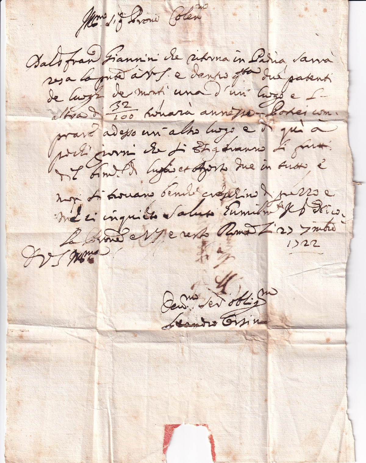 1722 09 22_2 s da ROMA LEANDRO ORSINI a RIETI per MARIANO CLARELLI - RARITA' Foglio 1 Verso Testo lettera
