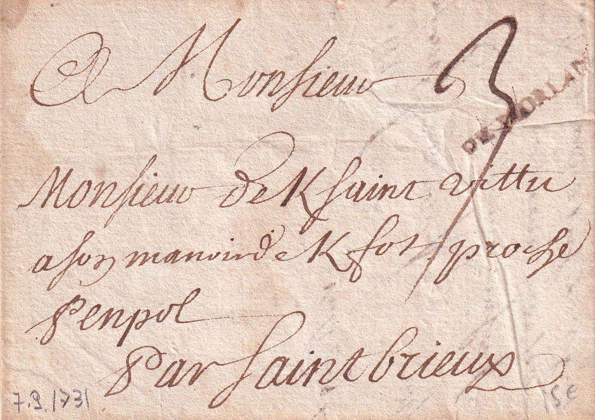 1731 09 07 DE MORLAIX pour Saint BRIEUC-COTES DU NORD — Recto con tassazione 3 e annullo DE MORLAIX