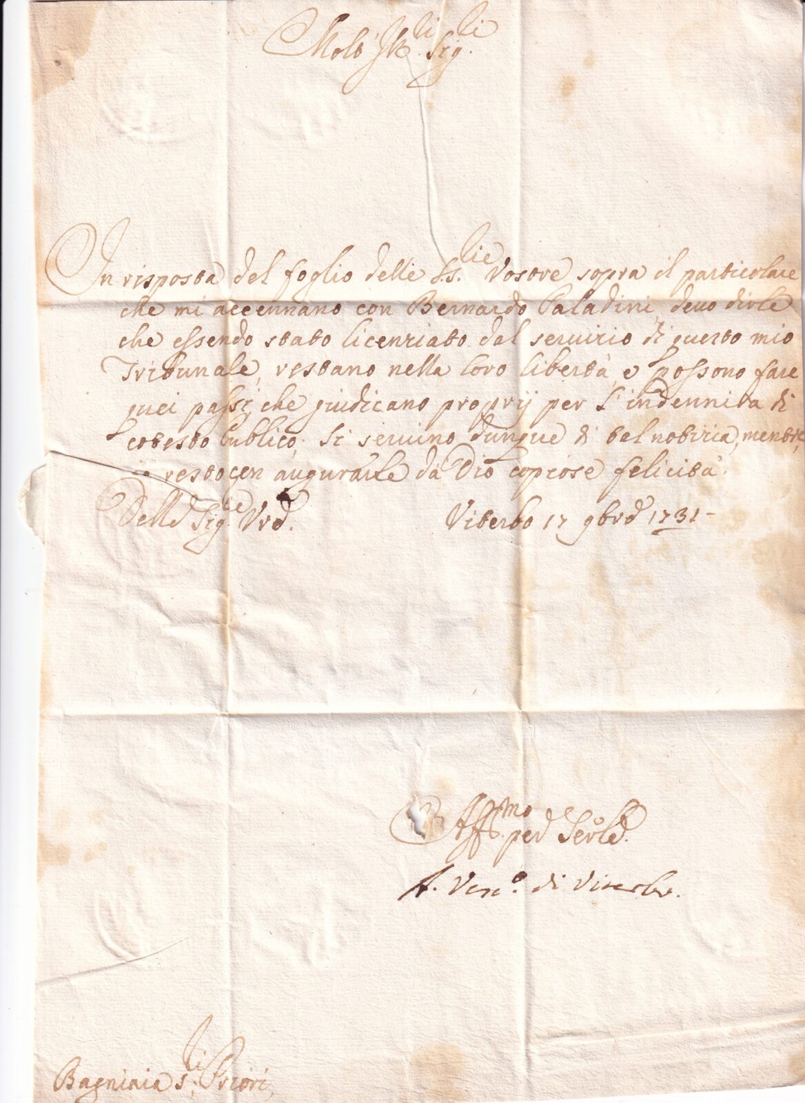 1731 11 17_ s da Viterbo a Bagnaia Foglio 2 Recto
