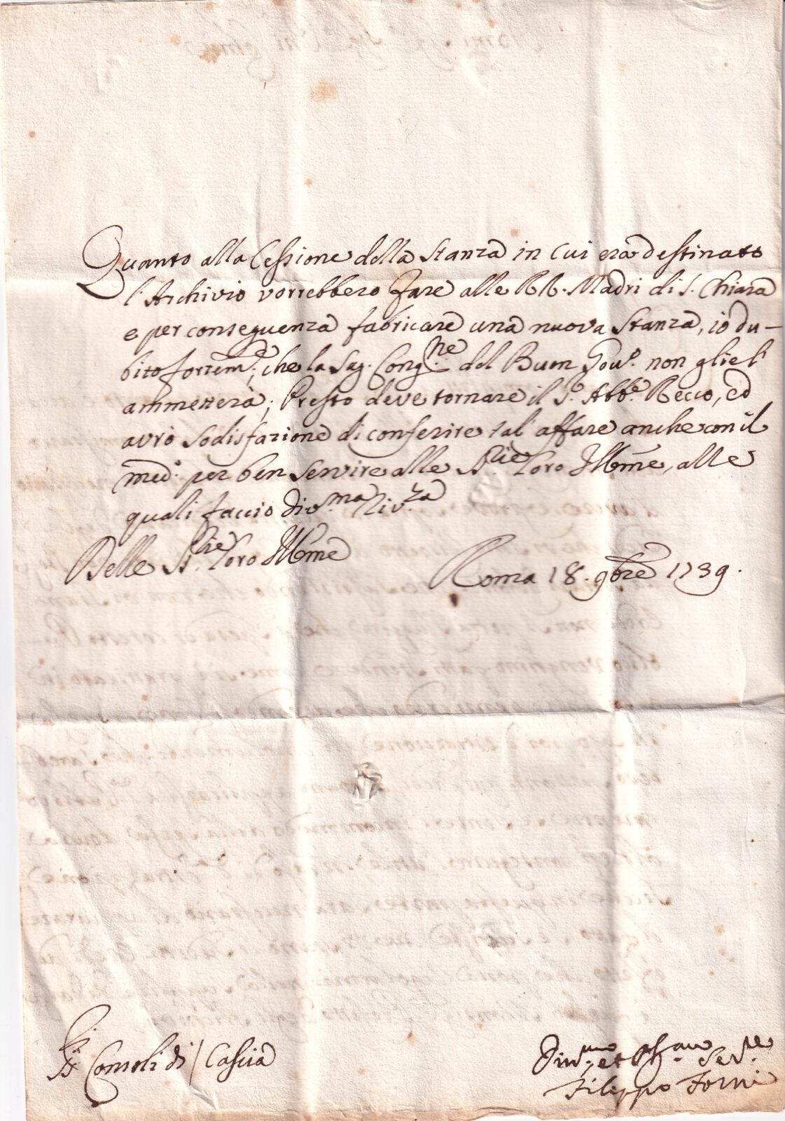 1739 11 18_2 s da ROMA_bollo a secco VOLL-GALLENGA T16 P.4-CAVAGNARI T121 a CASCIA-PG foglio 2 verso