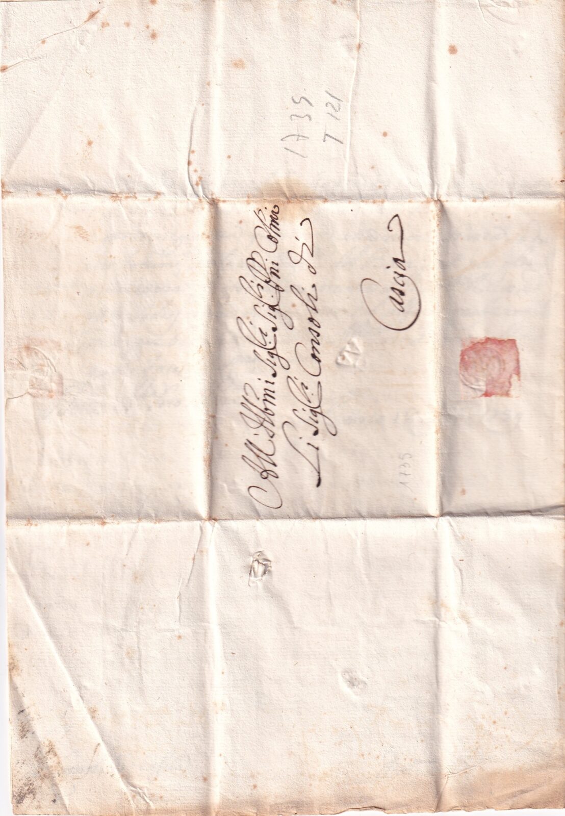 1739 11 18_4 s da ROMA_bollo a secco VOLL-GALLENGA T16 P.4-CAVAGNARI T121 a CASCIA-PG bi-foglio -foglio 1 recto indirizzo bollo a secco e oblata a base rossa