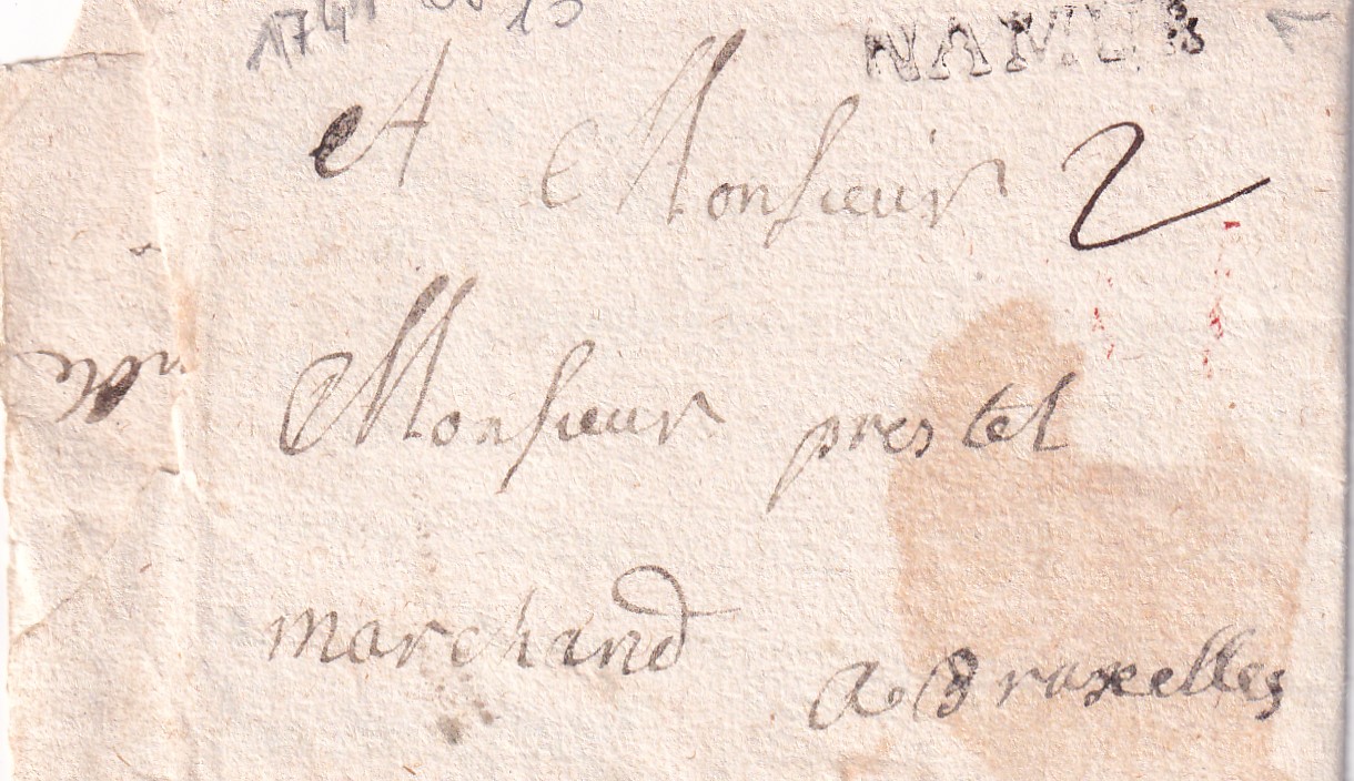 1741 06 10 de Namur vers Bruxelles_SD_NAMUR Foglio ripiegato in 6 recto indirizzo bollo lineare tassazione