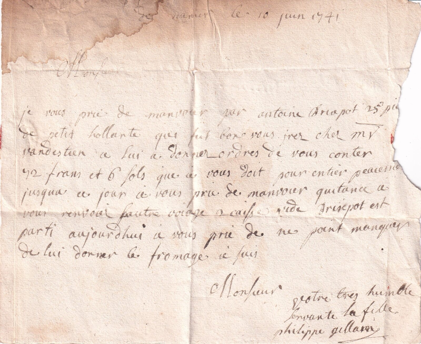 1741 06 10_1 s de Namur vers Bruxelles_SD_NAMUR verso testo lettera
