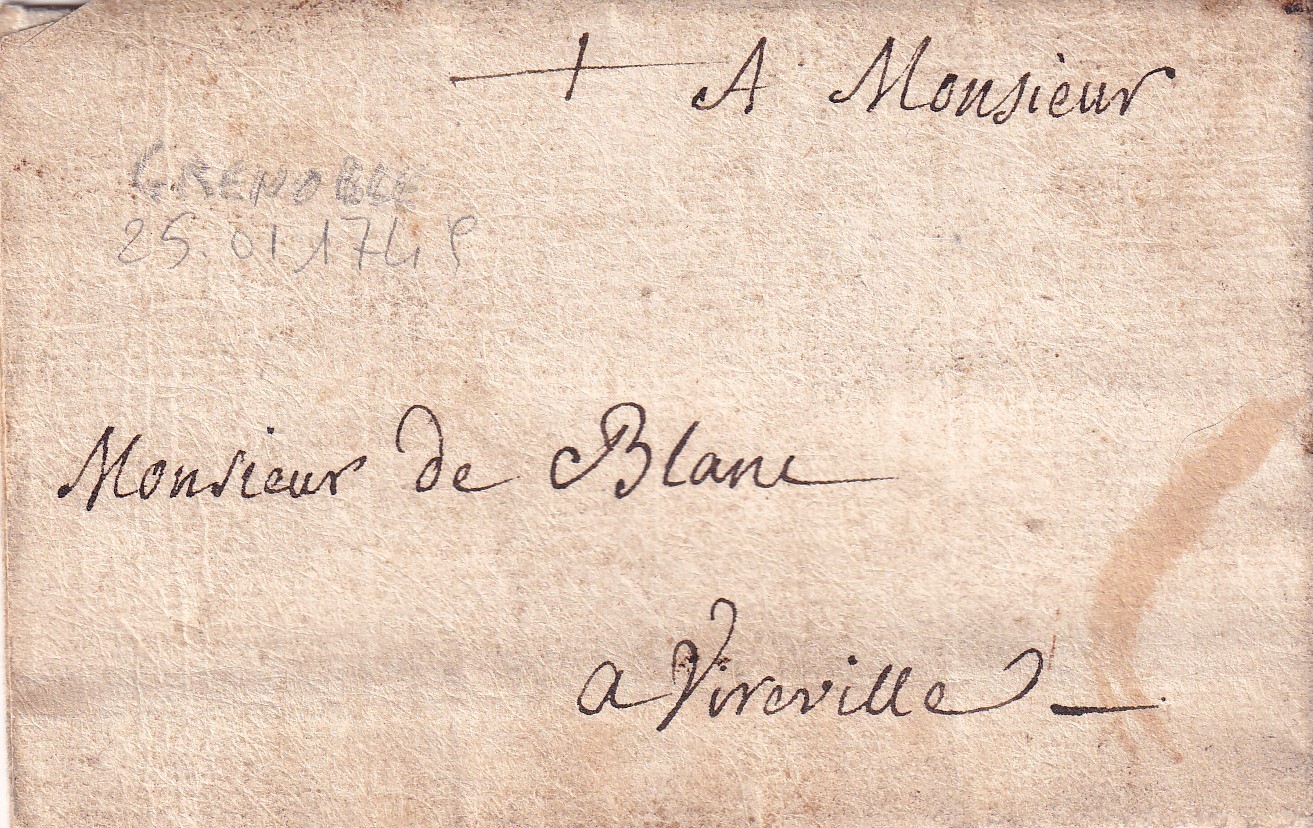 1749 01 25 da GRENOBLE a Vierville — bi-foglio ripiegato a pacchetto in 8 — foglio 1 recto indirizzo