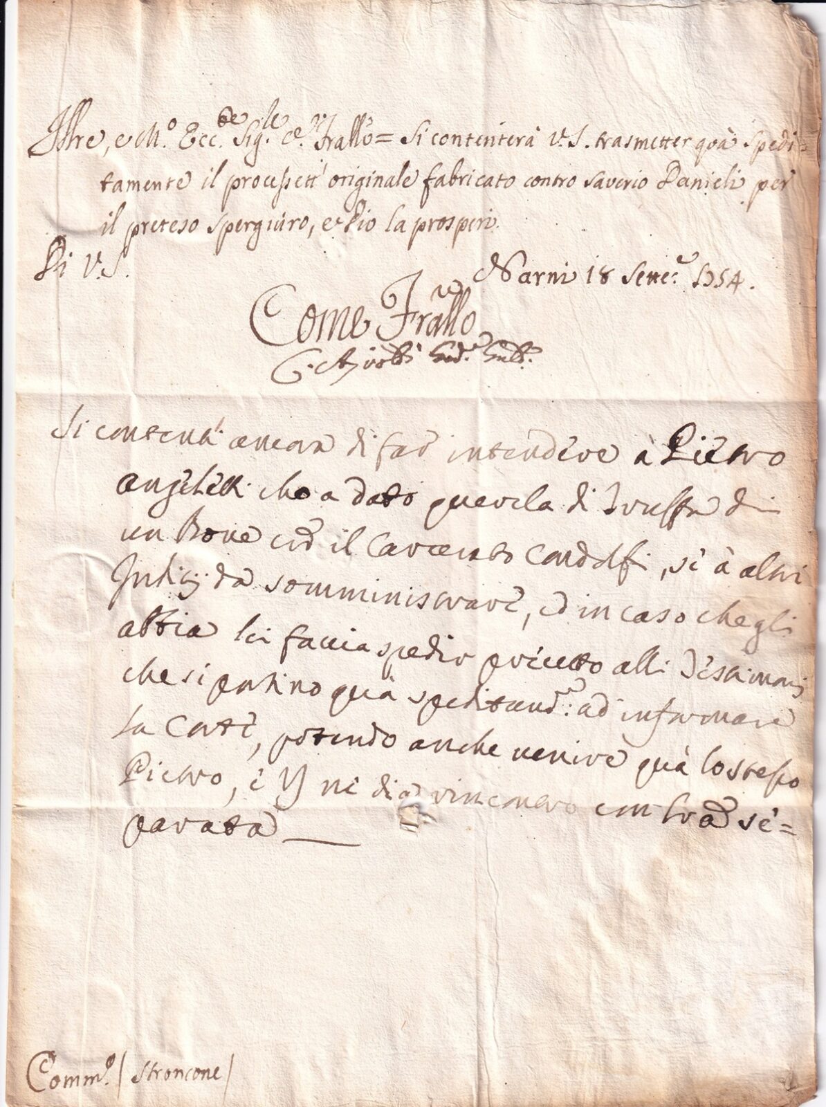 Verso con il testo della lettera