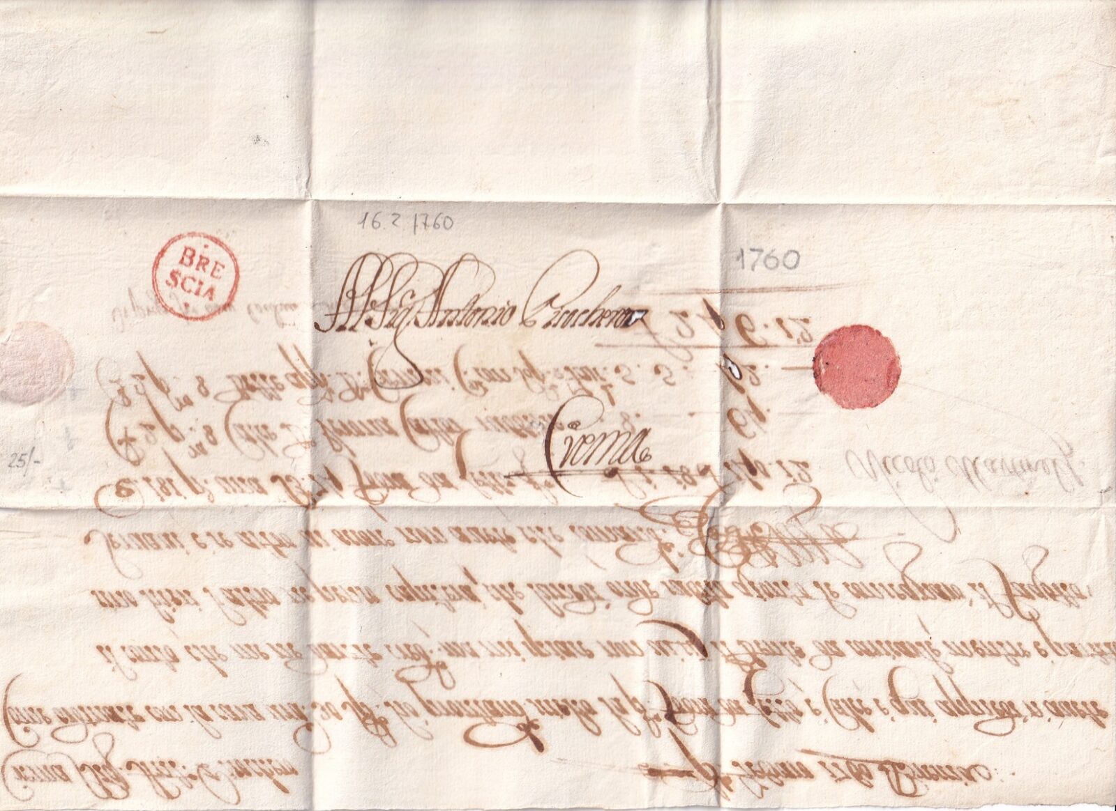 1760 02 16_2 s da BRESCIA_BANCI-r_+ a CREMA Foglio Recto indirizzo annullo segno di chiusura oblata rossa